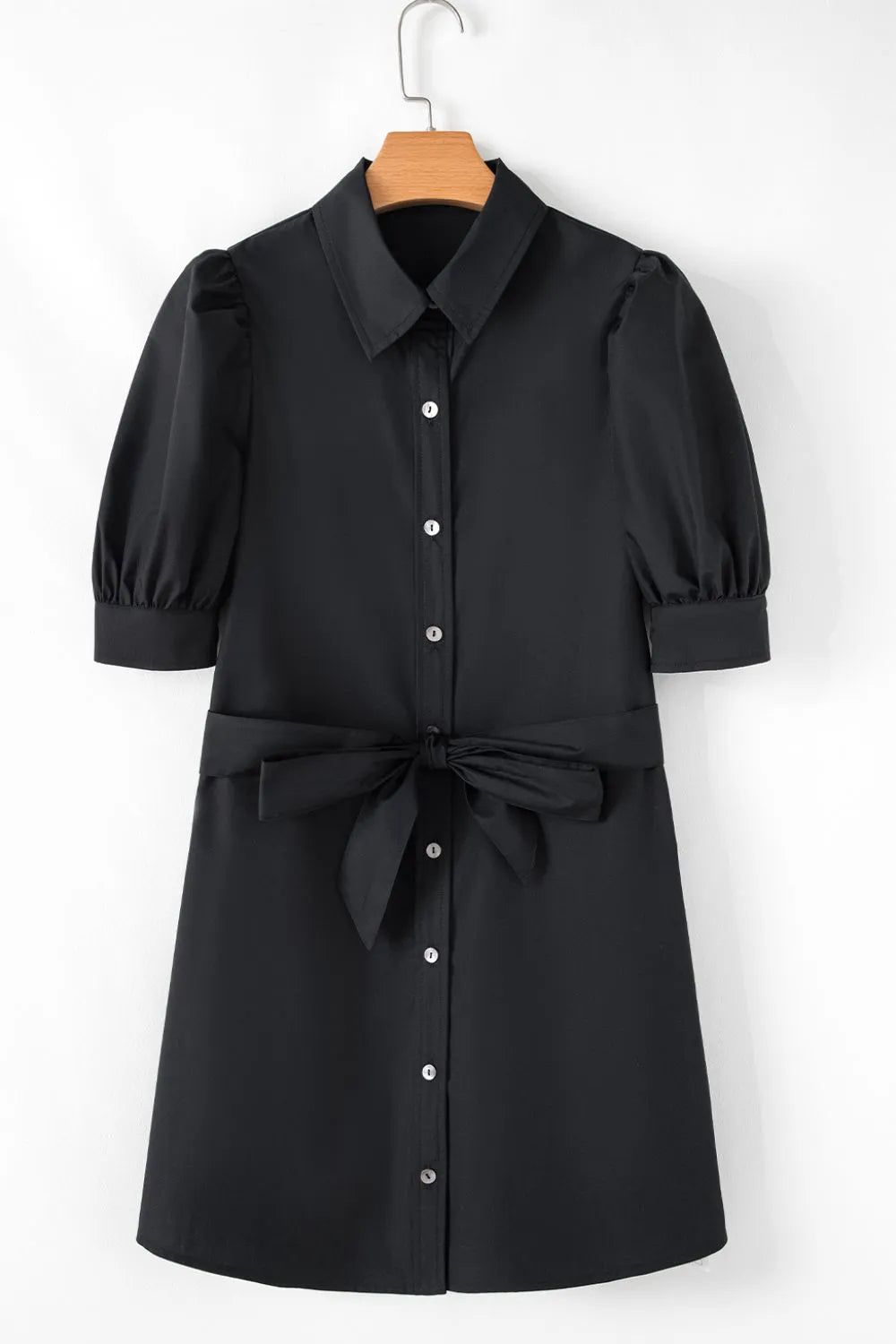 Button Up Tie Waist Puff Sleeve Mini Shirt Dress
