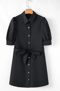 Button Up Tie Waist Puff Sleeve Mini Shirt Dress