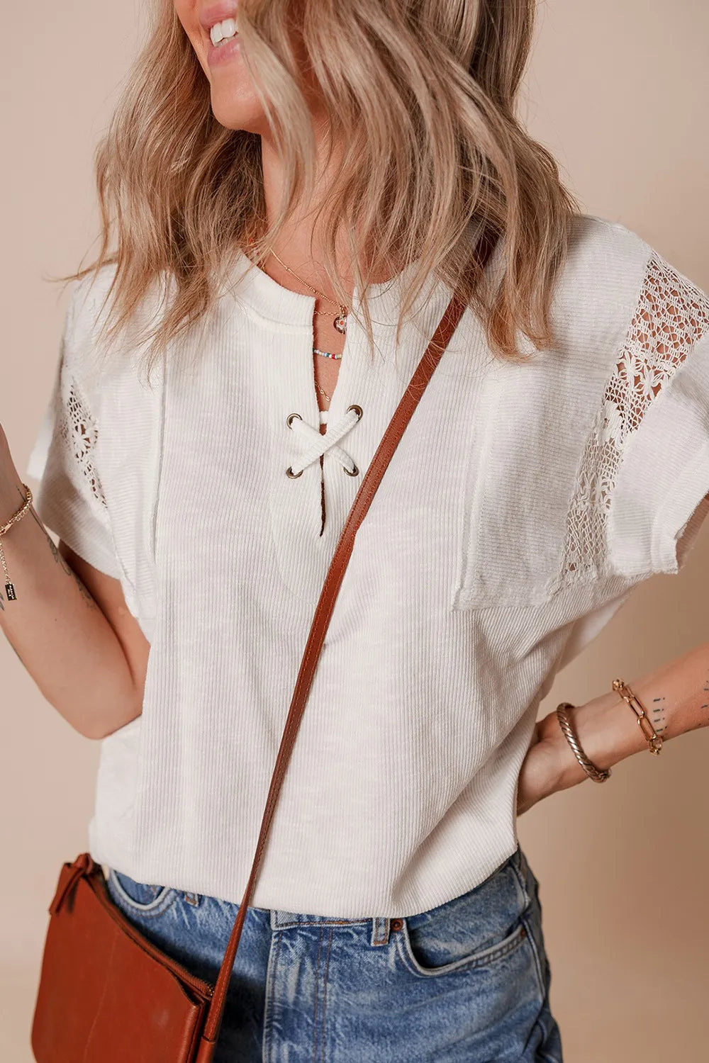 Ribbed Texture Lace Patchwork Short Sleeve Top