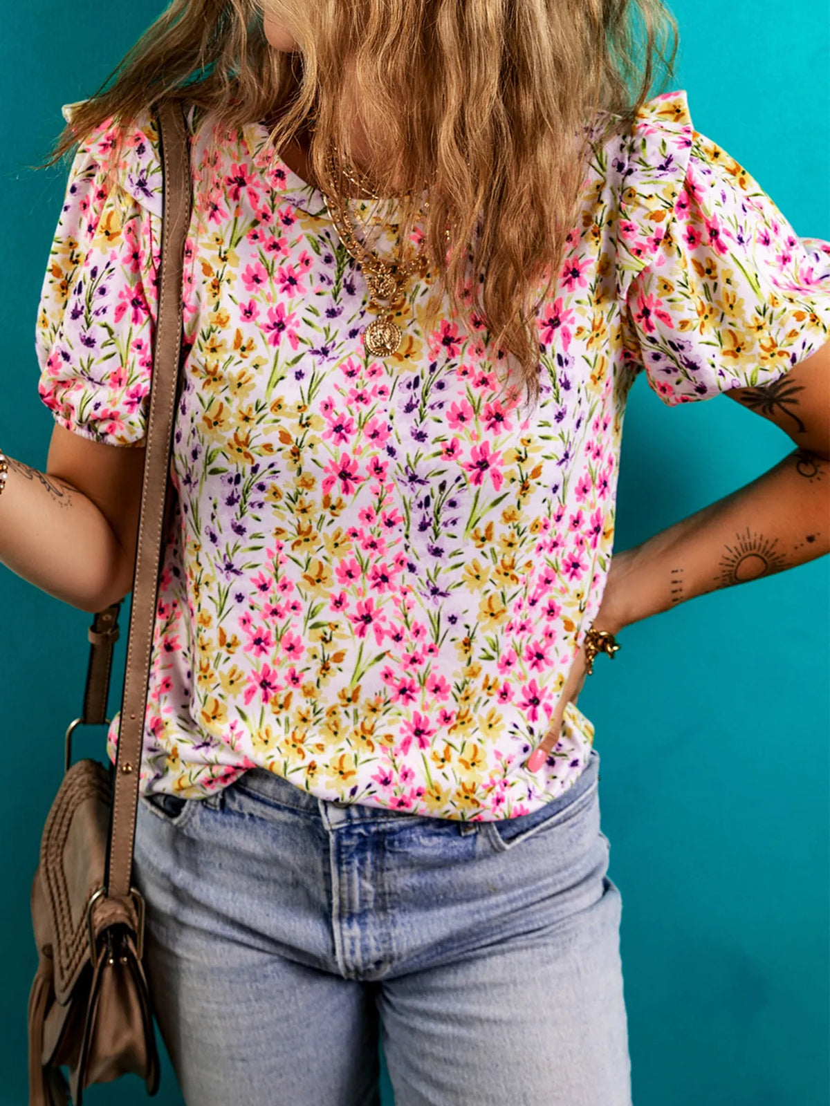 Floral Puff Sleeve Crewneck Blouse