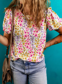Floral Puff Sleeve Crewneck Blouse