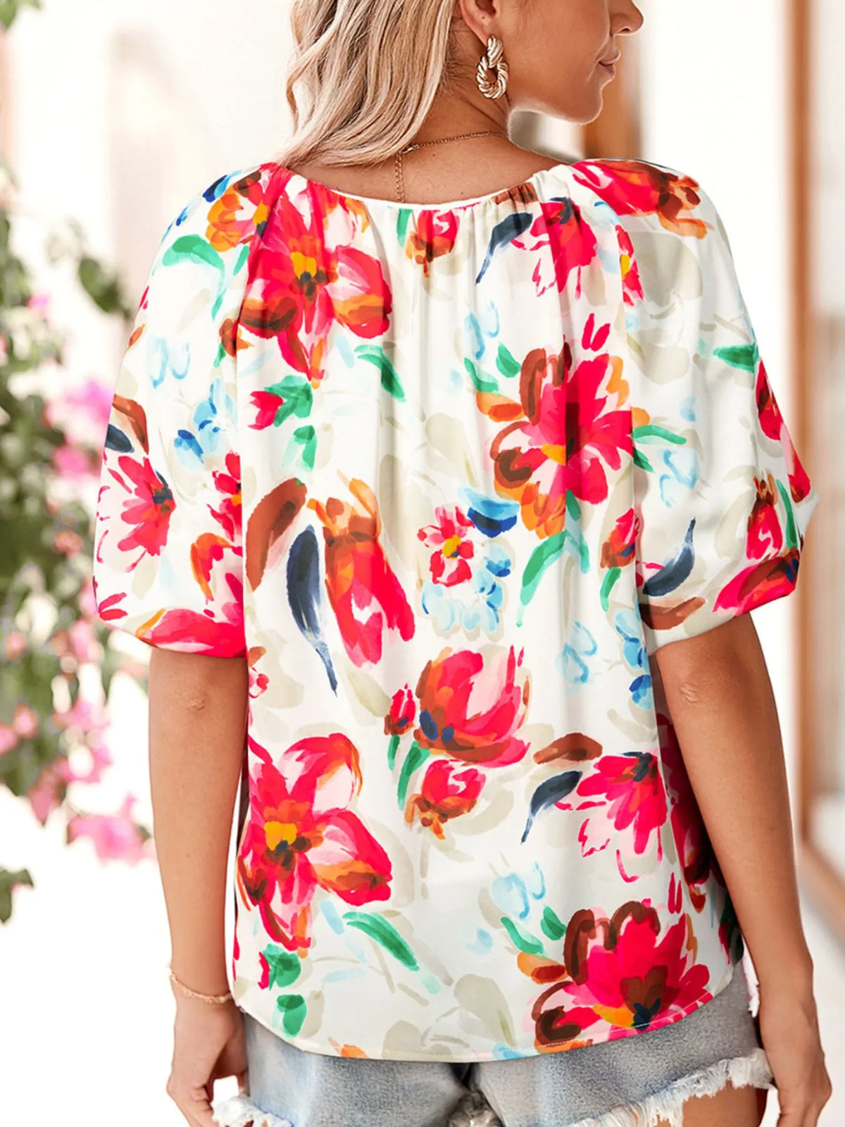 Floral Print Puffy Half Sleeve Blouse