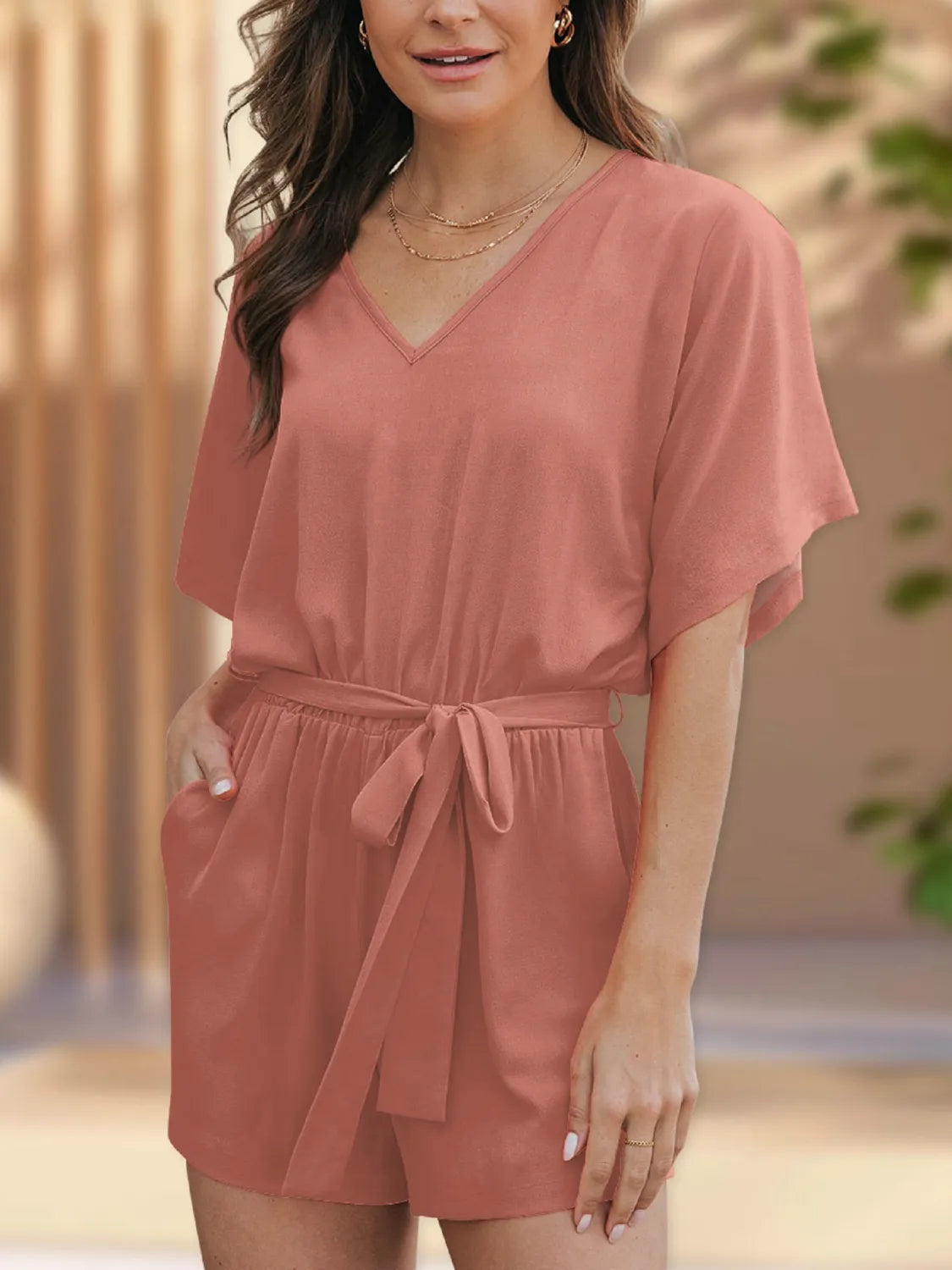 V-Neck Half Sleeve Tie Waist Romper