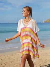 Angel Wings Cutout Striped Cover-Up with Tassel