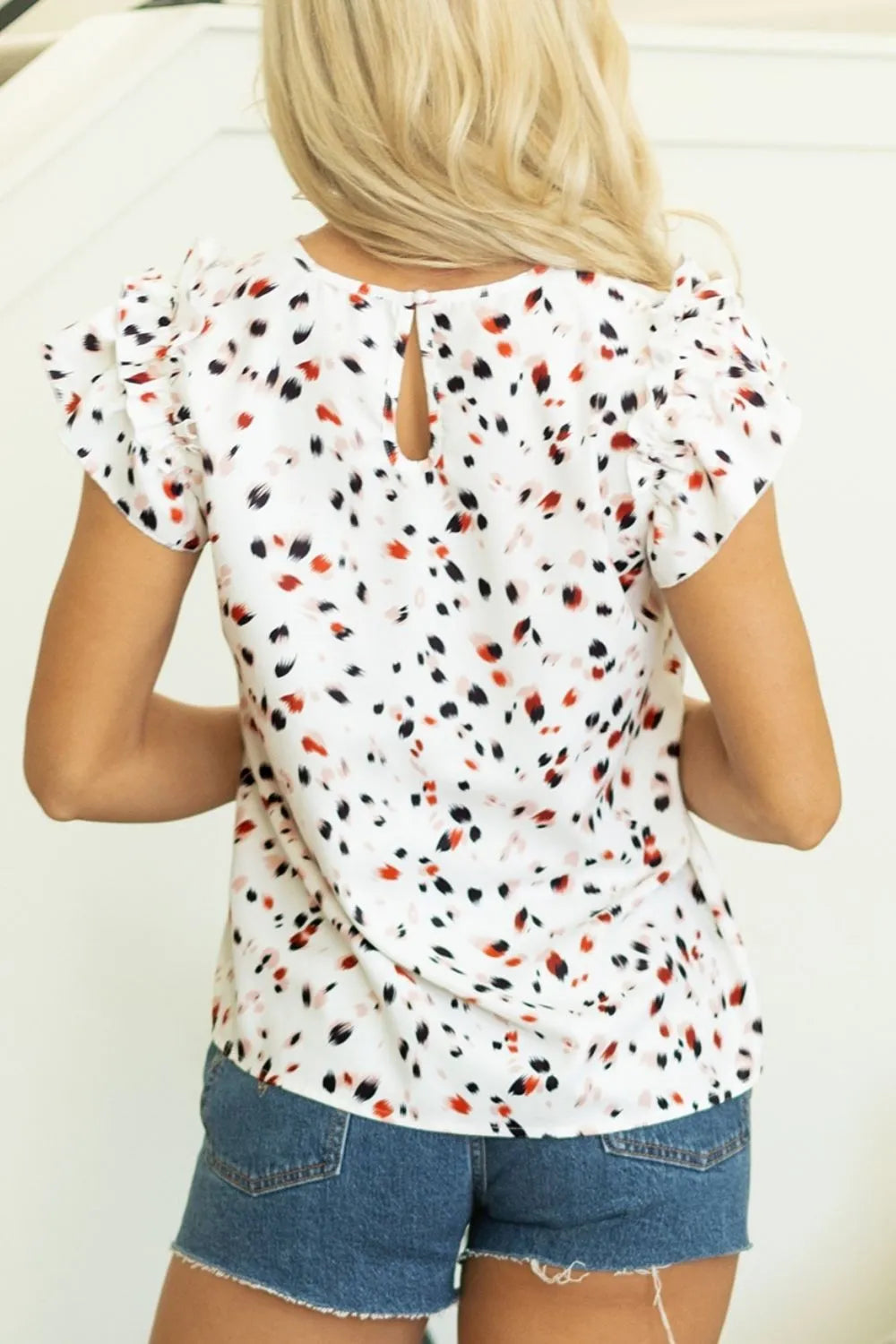 Abstract Print Ruffle Flutter Sleeve Keyhole Back Slim Blouse