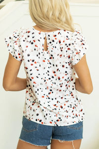 Abstract Print Ruffle Flutter Sleeve Keyhole Back Slim Blouse