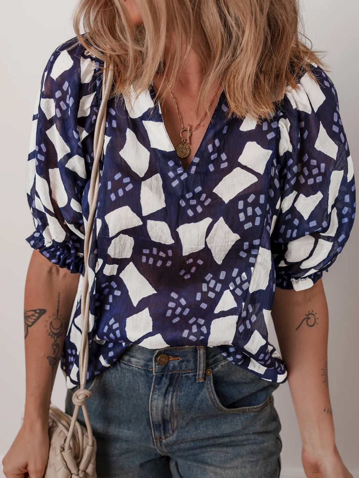 Abstract Print Frilled Puff Sleeve V Neck Blouse