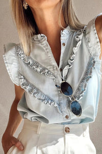 Frill Button Down Ruffled Cap Sleeve Denim Top