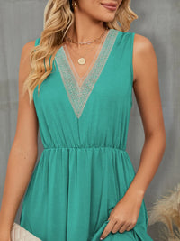 V-Neck Sleeveless Midi Dress with Lace Trim