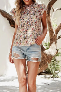 Floral Print Ruffle Cap Sleeve Blouse