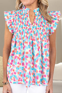 Ruffled Printed Notched Cap Sleeve Blouse
