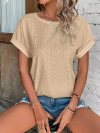 Eyelet Round Neck Short Sleeve T-Shirt