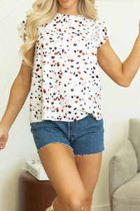 Abstract Print Ruffle Flutter Sleeve Keyhole Back Slim Blouse