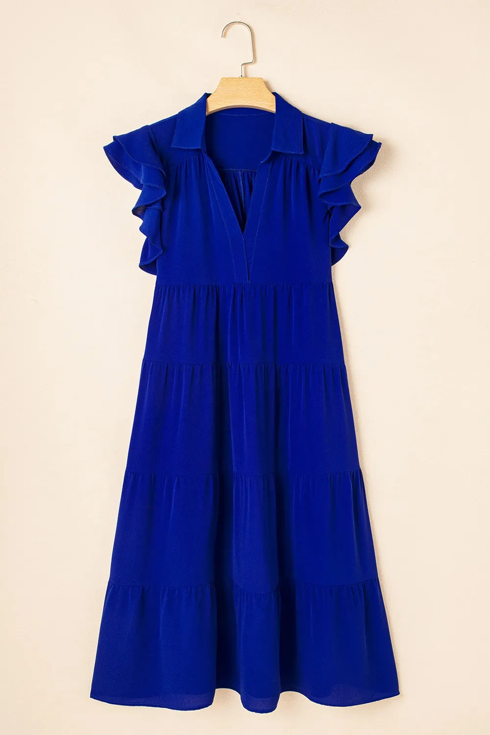 Ruffled Short Sleeve Collared V Neck Tiered Midi Dress