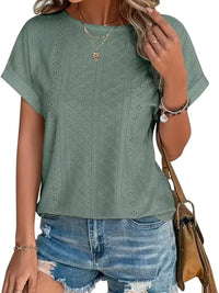 Eyelet Round Neck Short Sleeve T-Shirt