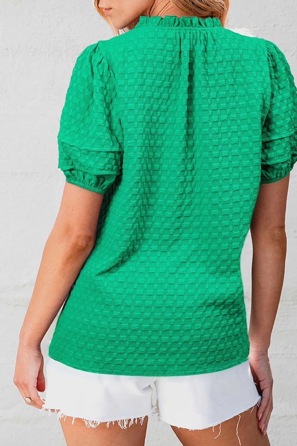 Textured Puff Short Sleeve Notched Top