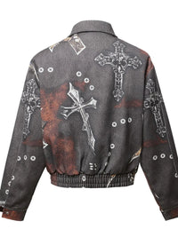 Men's Gothic Cross Print Distressed Denim Jacket