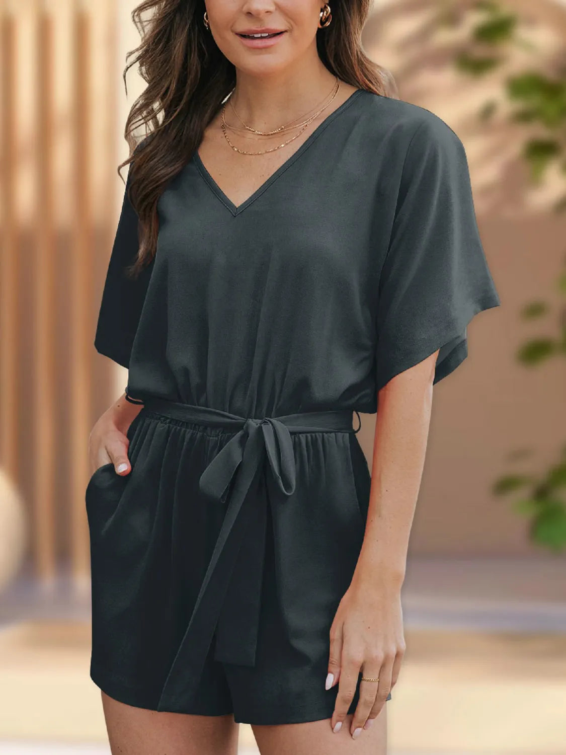V-Neck Half Sleeve Tie Waist Romper