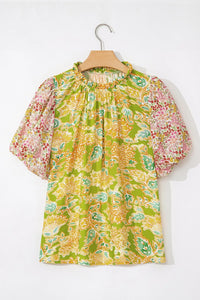 Multicolour Printed Contrast Bubble Sleeve Patchwork Blouse
