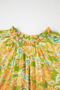 Multicolour Printed Contrast Bubble Sleeve Patchwork Blouse