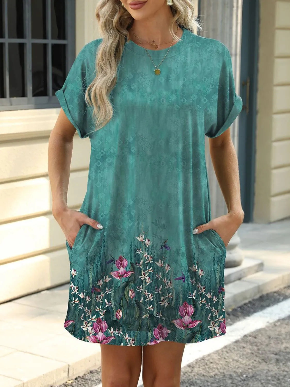 Printed Round Neck Short Sleeve Mini Dress