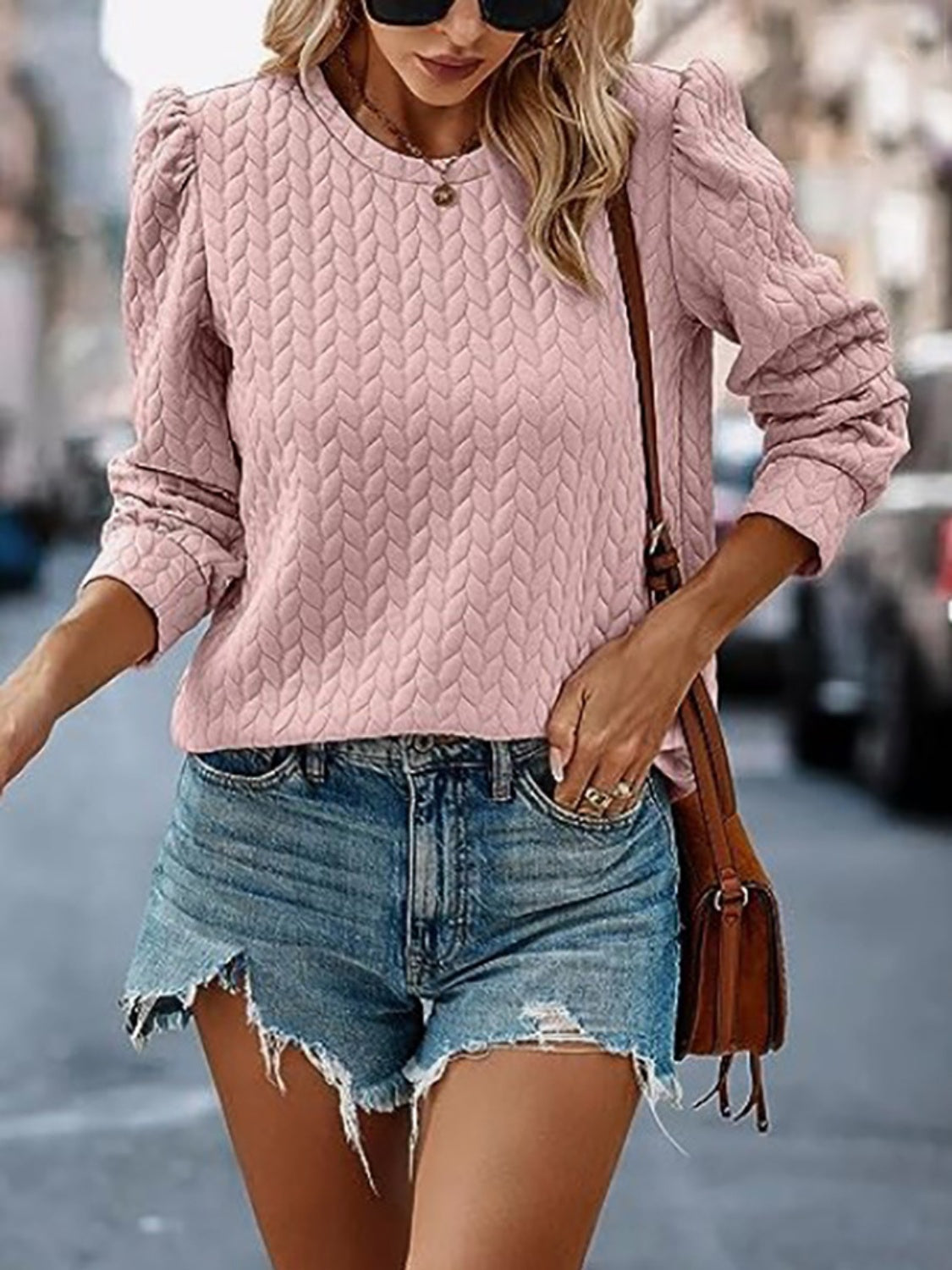 Textured Round Neck Sweatshirt Long Sleeve