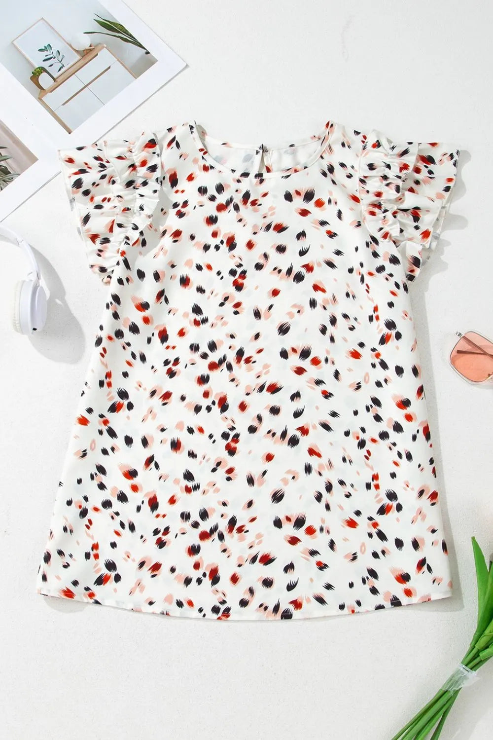 Abstract Print Ruffle Flutter Sleeve Keyhole Back Slim Blouse