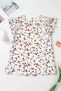 Abstract Print Ruffle Flutter Sleeve Keyhole Back Slim Blouse