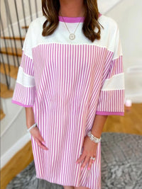 Striped Round Neck Three-Quarter Sleeve Mini Dress