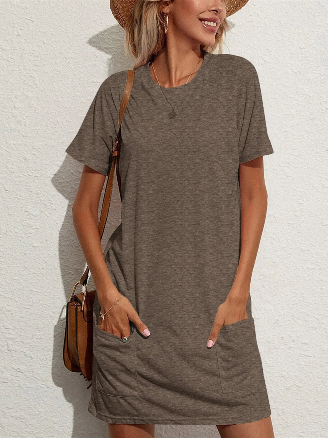 Pocketed Round Neck Short Sleeve Mini Tee Dress