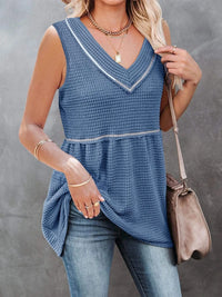 V-Neck Contrast Trim Waffle Knit Tank Top