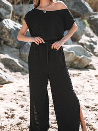 One Shoulder Short Sleeve Knotted Waist Jumpsuit