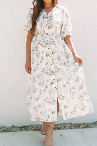 Printed Button Front Puff Sleeve Dress
