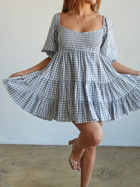 Ruffled Hem Plaid Half Sleeve Mini Dress