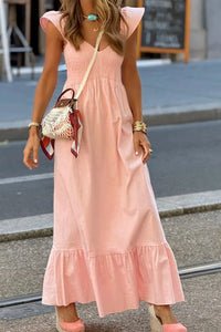 V Neck Ruffled Cap Sleeve Smocked Maxi Dress