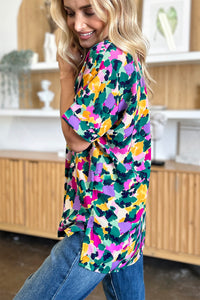 Full Size Printed V-Neck Short Sleeve Blouse