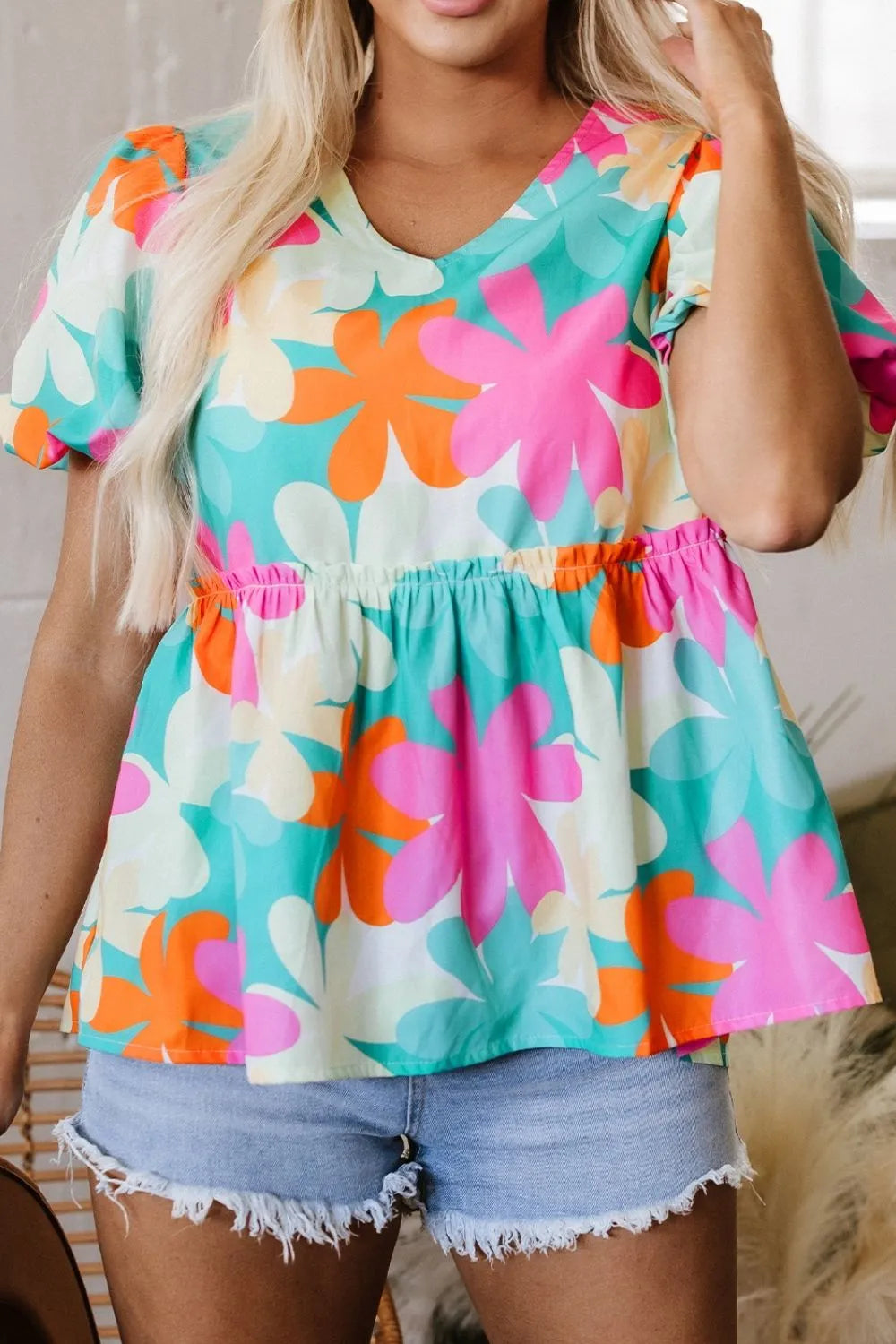Floral Print Bubble Sleeve V Neck Peplum Blouse