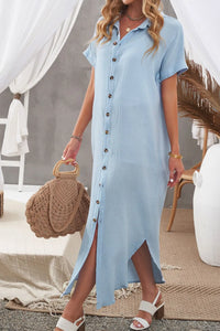 Button Down Short Sleeve Midi Shirt Dress