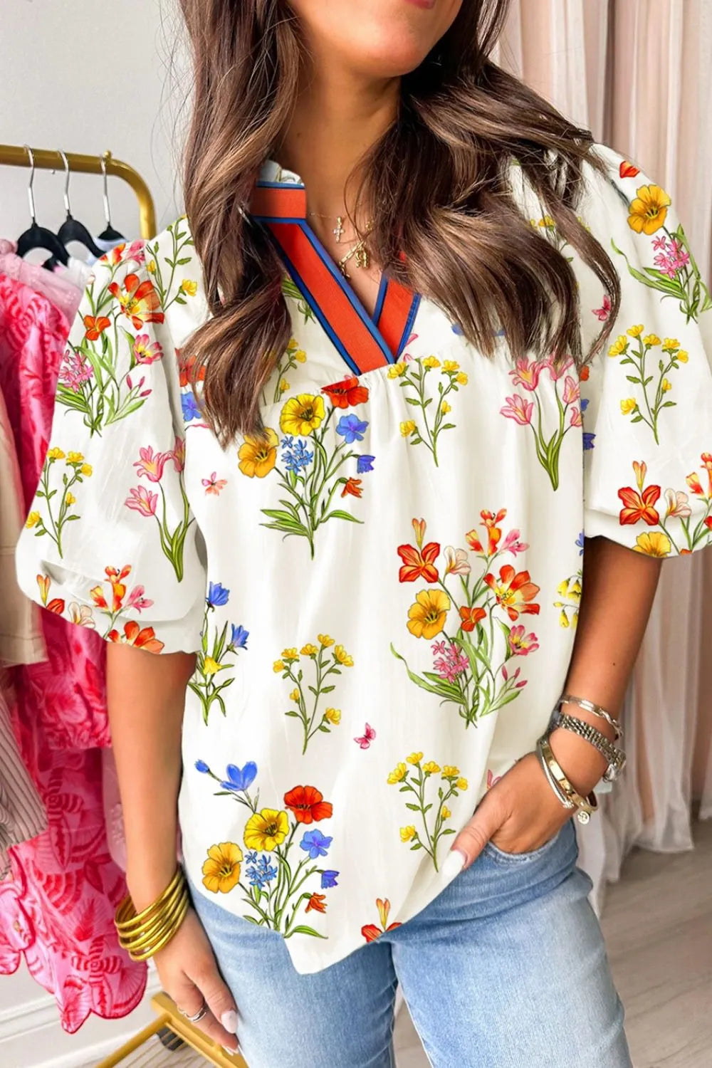 Floral Short Puff Sleeve Notched Blouse