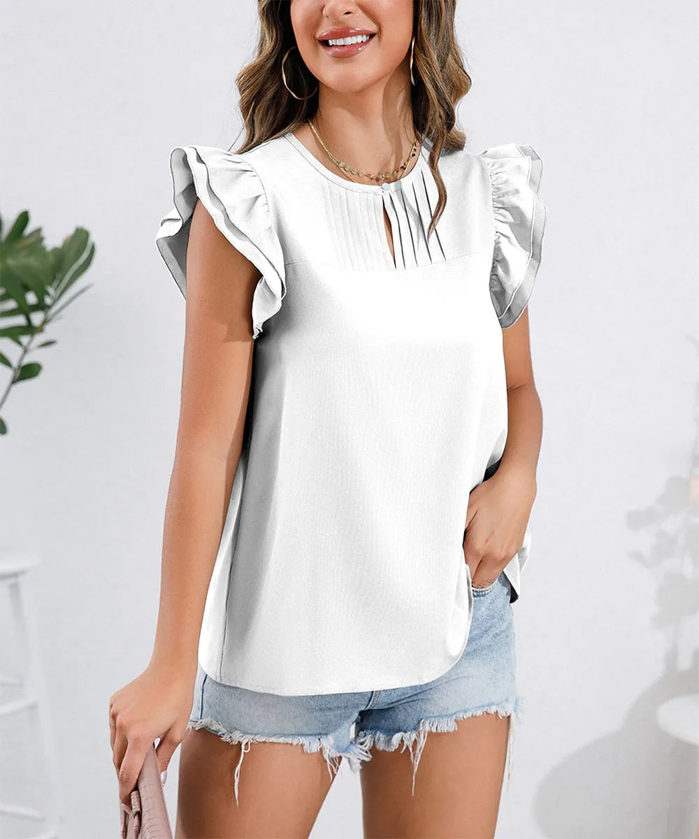 Ruffle Cap Sleeve Round Neck Blouse
