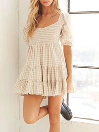 Ruffled Hem Plaid Half Sleeve Mini Dress
