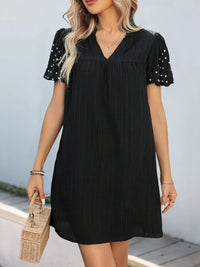Textured V-Neck Short Sleeve Mini Dress