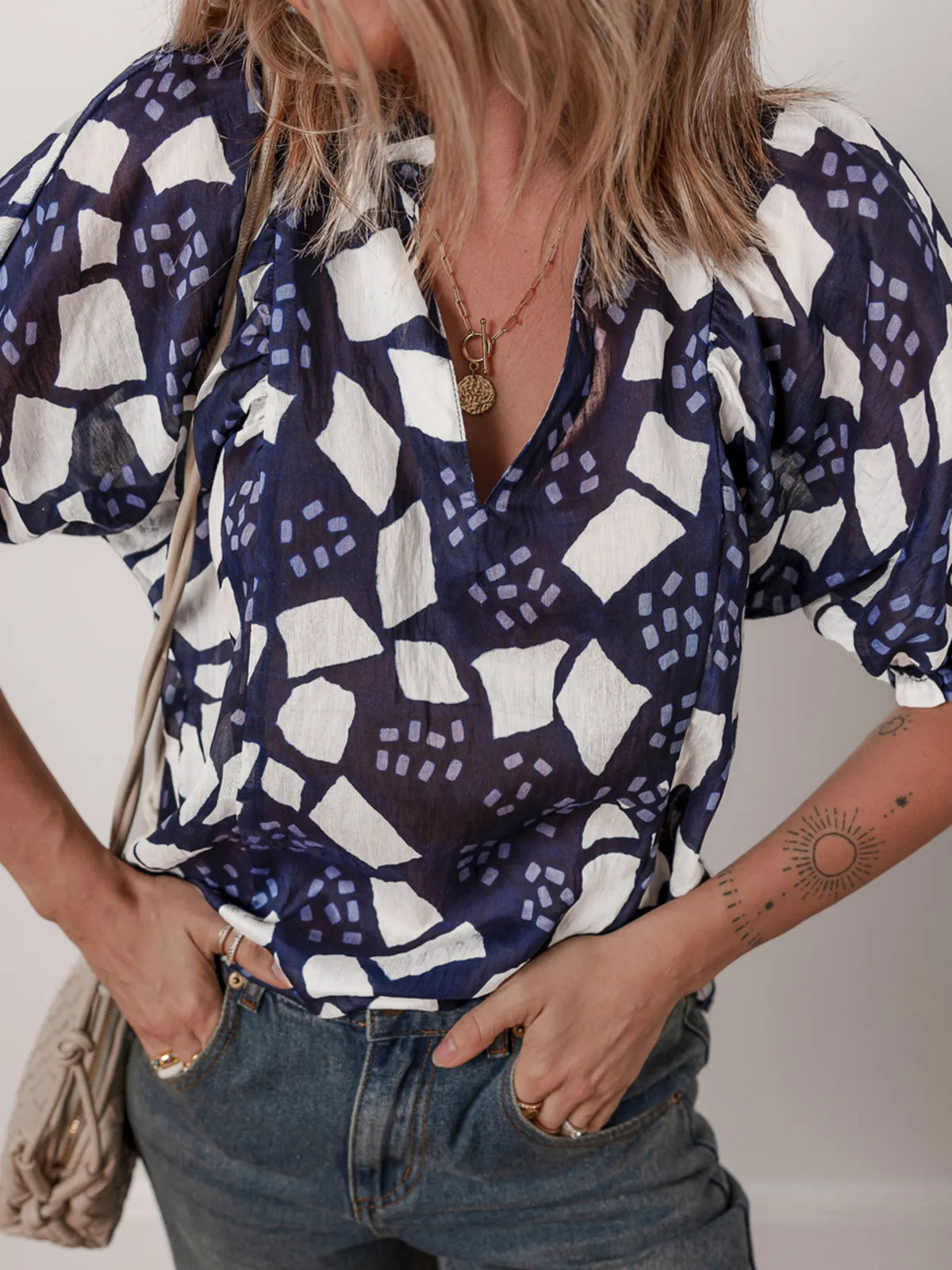 Abstract Print Frilled Puff Sleeve V Neck Blouse
