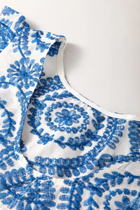 Boho Print Ruffled Cap Sleeve Crew Neck Blouse