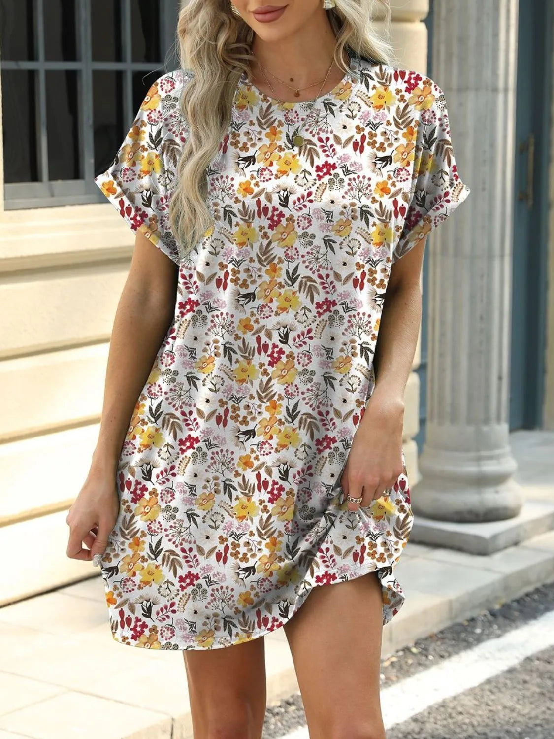 Printed Round Neck Short Sleeve Mini Dress