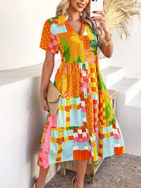 Devine Printed Johnny Collar Button Down Short Sleeve Midi Shirt Dress