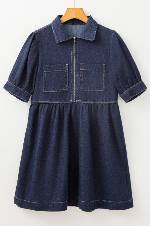 Collared Neck Half Zip Denim Dress