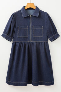 Collared Neck Half Zip Denim Dress