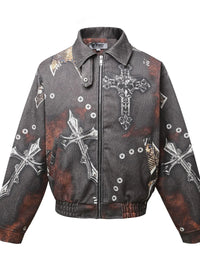 Men's Gothic Cross Print Distressed Denim Jacket
