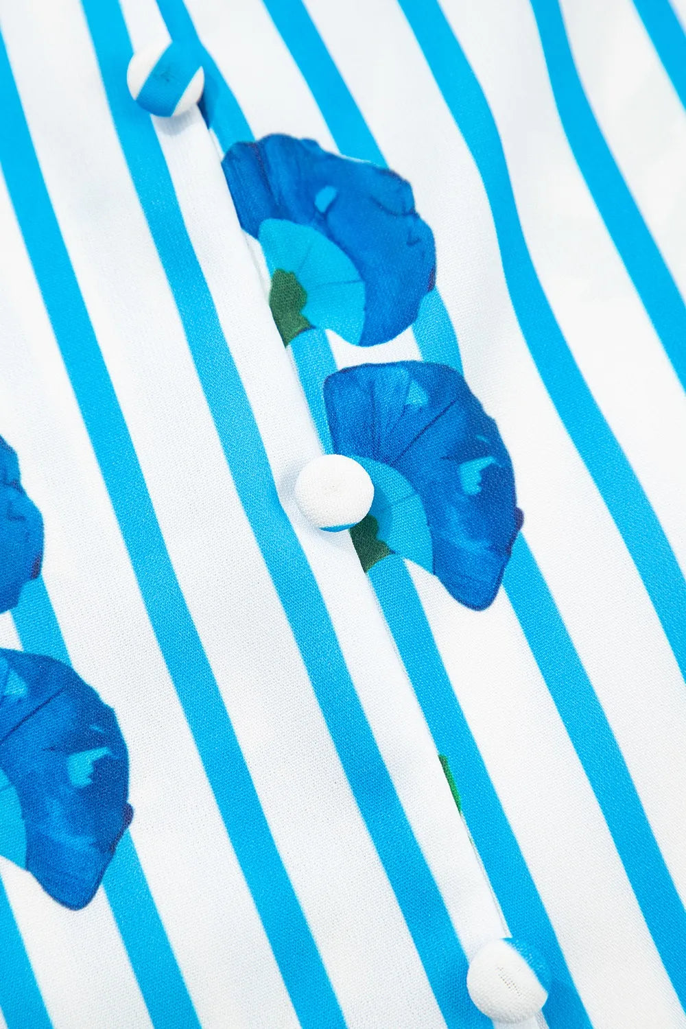 Stripe Floral Notched Neck Puff Sleeve Summer Blouse